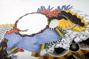 Stacia Yeapanis. I Still Haven’t Found What I’m Looking For #1, 2012. Found magazines and T-pins. Detail. Photo credit: Helen Maureen Cooper. © Stacia Yeapanis