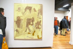 STUDY OF EFFACEMENT, newsprint, coffee, house paint, PVA, and pencil on canvas