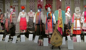 There is a selection of Ukrainian cultural artifacts accompanying the pysanky exhibit