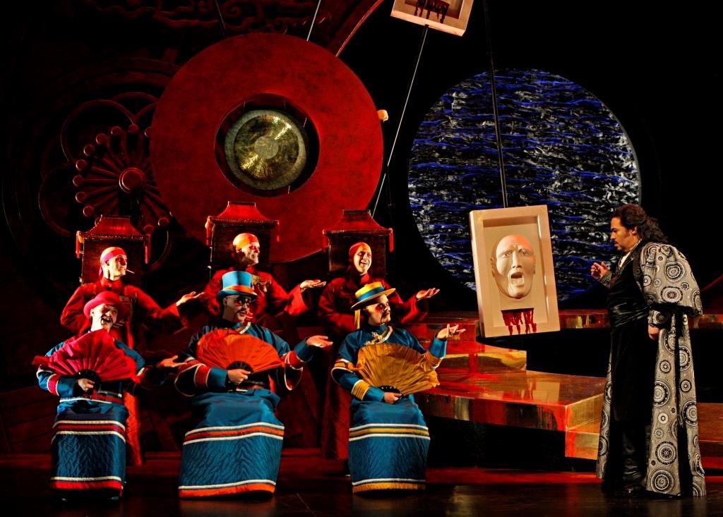 Pong, the chief cook - Brad Benoit, Ping, the grand chancellor - Matthew Opitz, Pang, the general purveyor - John Robert Lindsey and Calaf, the unknown prince - Scott Piper in "Turandot" by Minnesota Opera. Photo: Michal Daniel.
