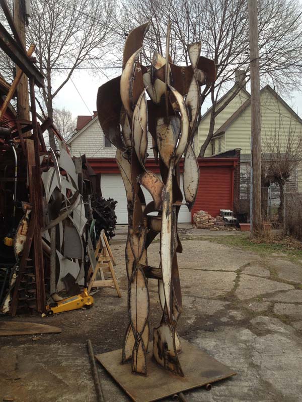 Arcs and Shields, a new work in progress that will be featured at City Sculpture, created from a 100-gallon propane tank.