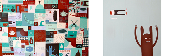 Meticulous painting and collage work by Jim Houser. "Things Fall Apart" (2013) and "Halves" (2013).