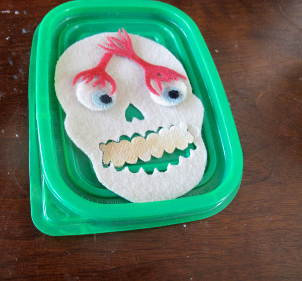 One of Wood's Dia de los Muertos felted skulls in progress.