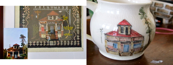 Wood may render the same reference material, especially specific "totems," over and over, as with this Hamtramck house in photo, needlepoint, and ceramic. The original structure is now gone.