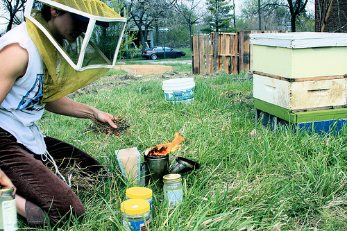 One of the denizens of a Detroit farming community prepares the smoker before tending to her bees.