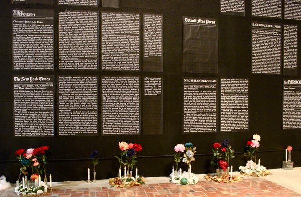 A wall eulogizes Byars, posting his obituaries from many major newspapers, as well as noting its absence from his hometown Detroit Free Press.