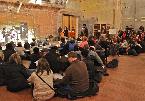 The crowd on hand for the evening's first presenters, Hilgoro Design.