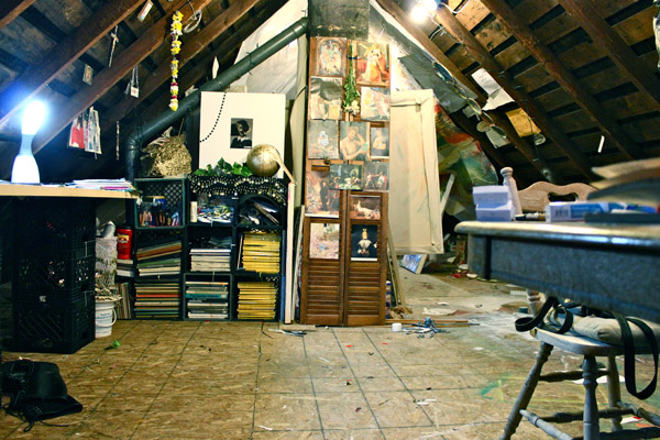 The two artists live in the apartment below, and work in the attic space.
