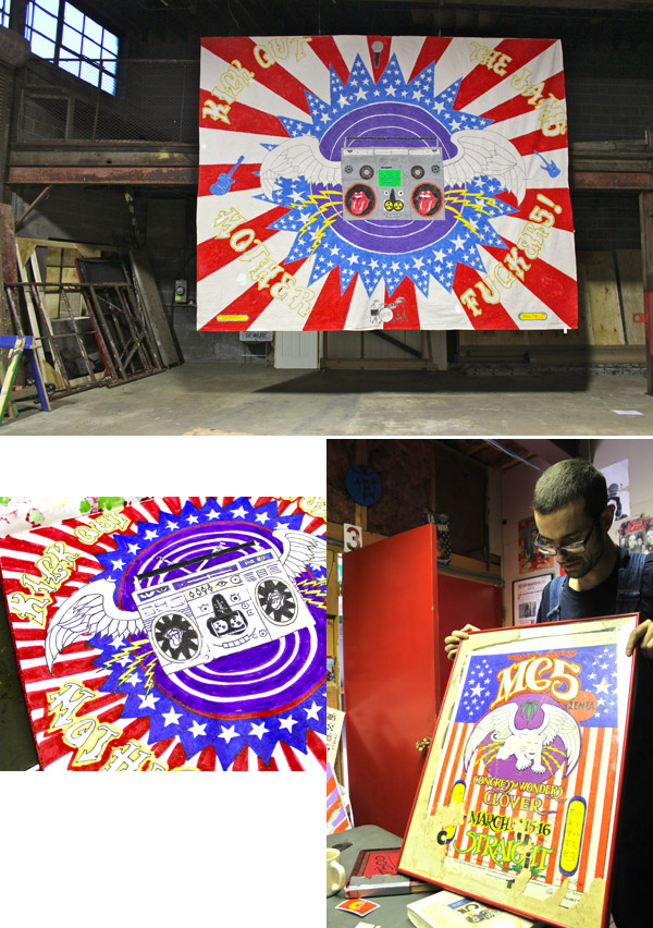 Source inspiration, concept sketch, and final rendition of "Freak Flag," derived from an MC5 poster.