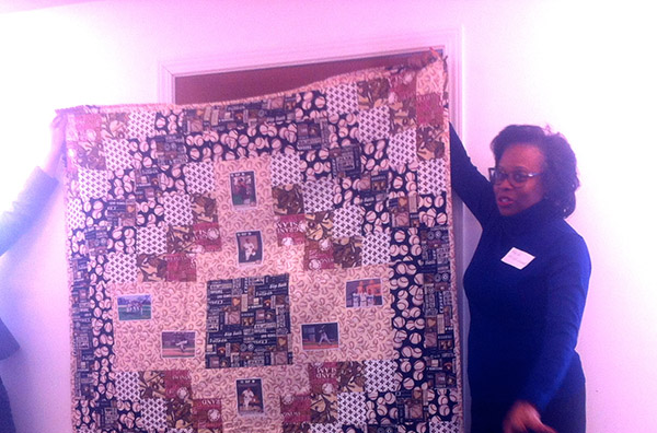 A baseball-themed quilt that one of the participants made for her son when he left for college.