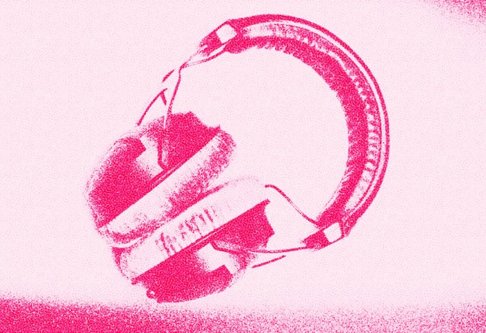 A photo of over-ear headphones in a risograph style.