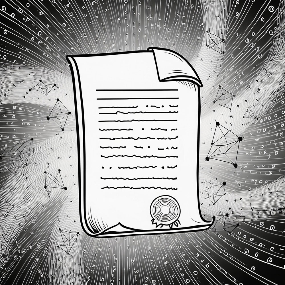 Document of government legal legislation with abstract wave of data around it; binary code